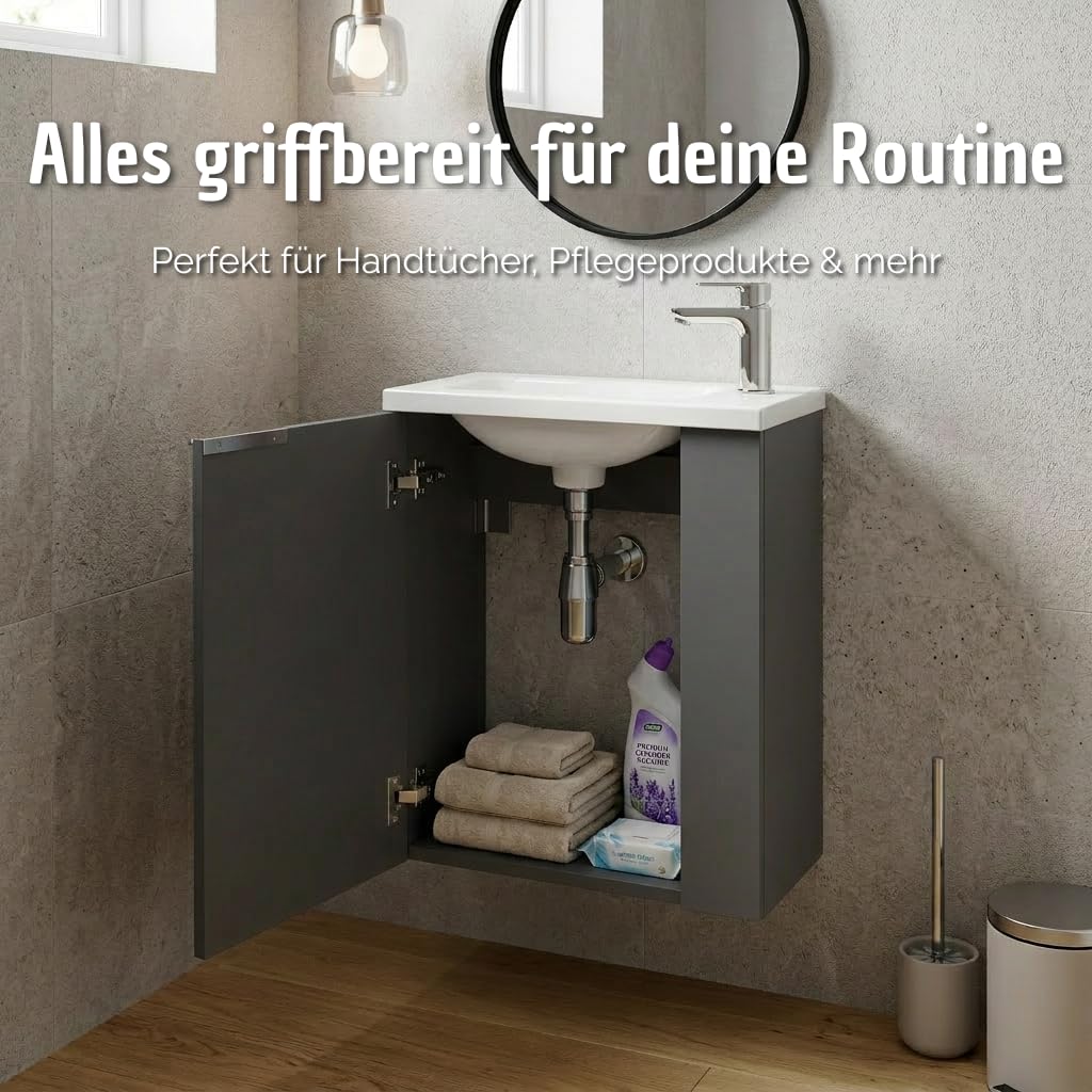 BadeDu UMEA Gäste WC Waschtisch Set 50 cm Anthrazit matt – Waschbeckenunterschrank mit Gussmarmor Waschbecken Weiß – platzsparender Waschtisch für kleines Bad & Gäste WC