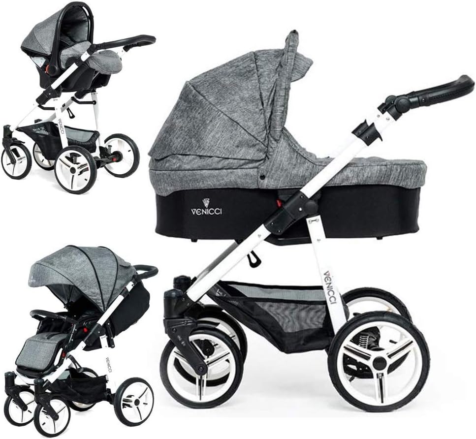Venicci Soft Vento 3-in-1 Travel System (9 Piece Bundle) - Denim Grey/White - with Carrycot + Car Seat + Changing Bag + Footmuff + Raincover + 5-Point Harness and UV 50+ Fabric + Car Seat Adapters