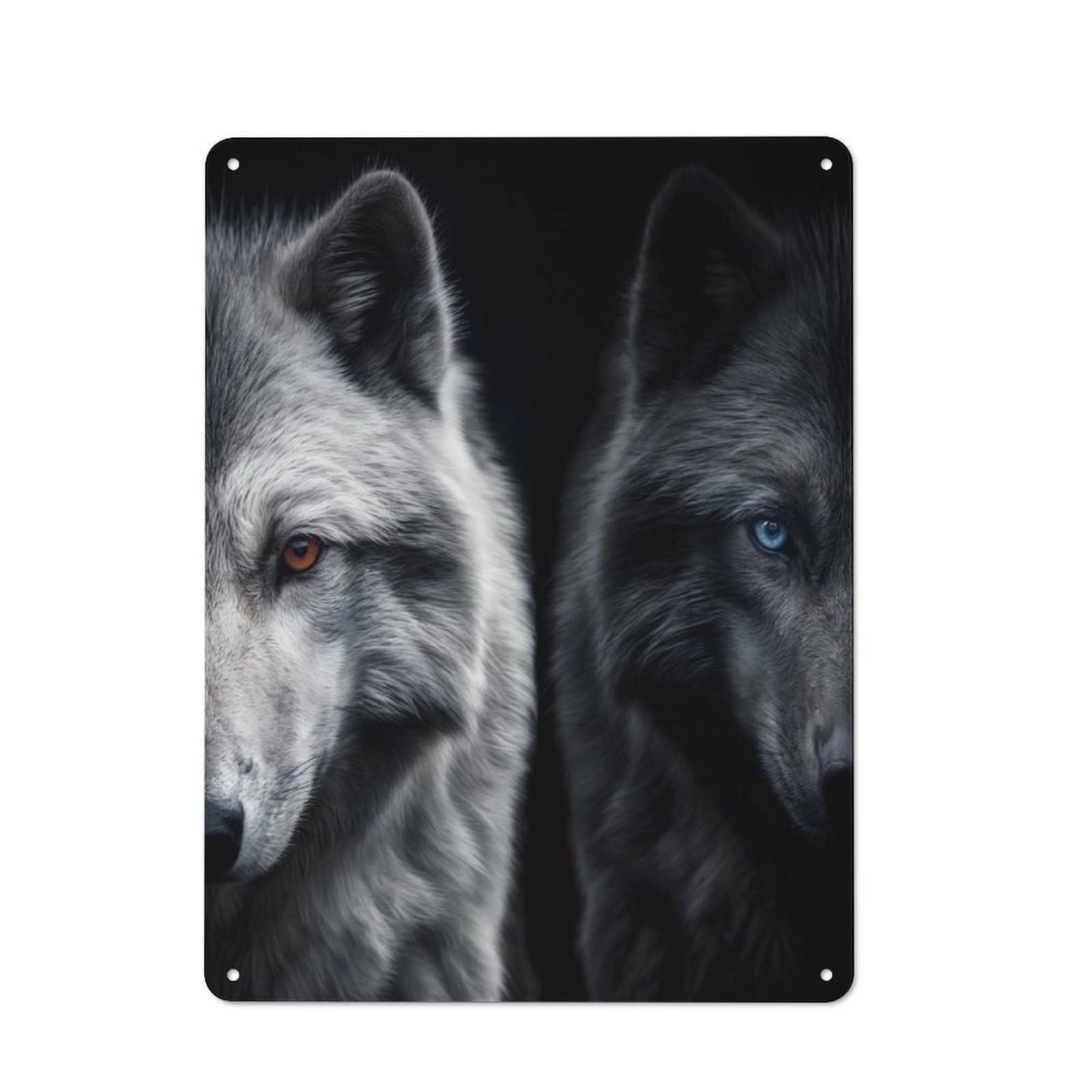 Junmoney White Wolf And Black Wolf Tin Wall Plaque 40X30cm With For Workshop Wall, Suited To Makers And Diy Enthusiasts
