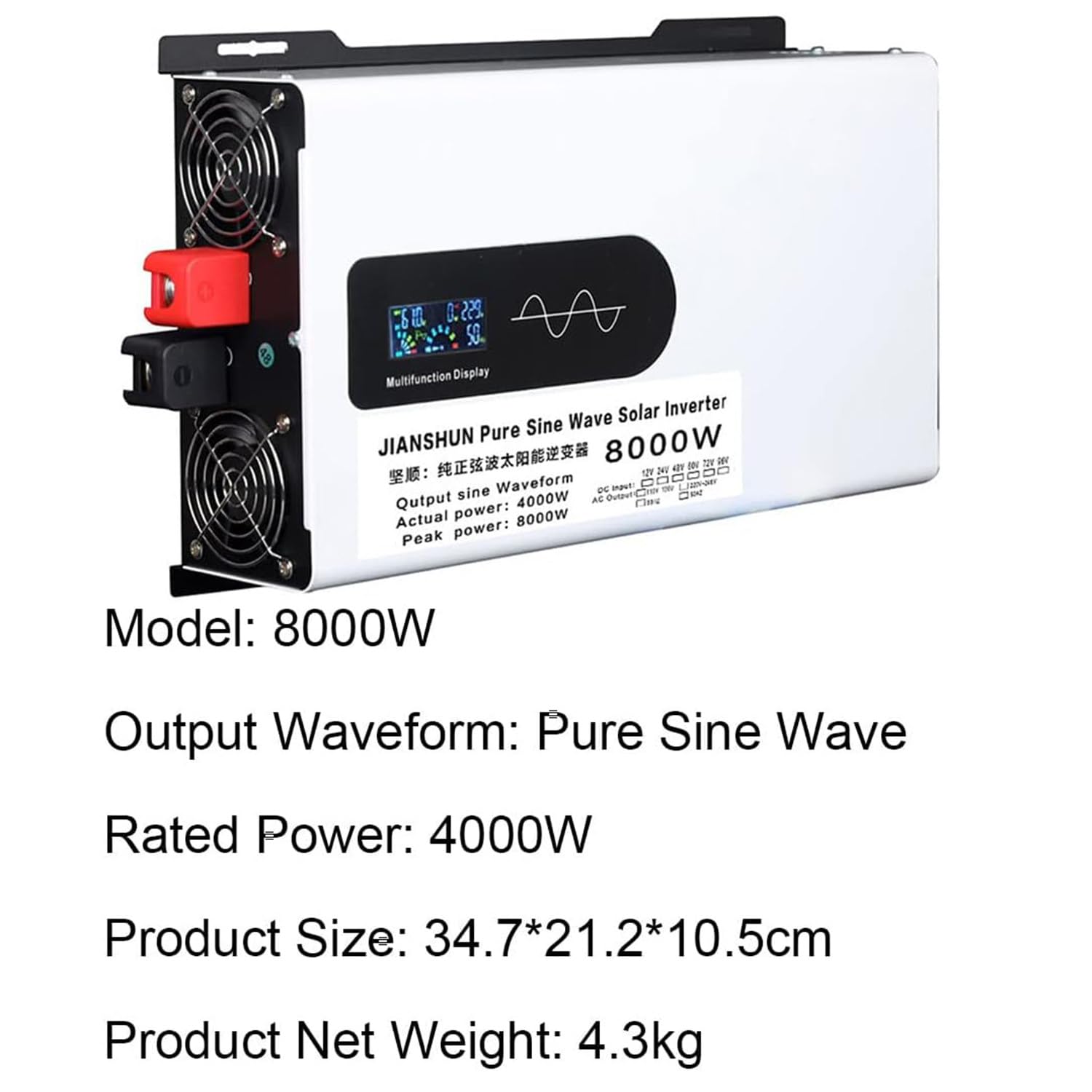 Convertisseur Solaire Onduleurs Solaires Onde Sinusoïdale Pure DC 12v 24v 48v 60v 72v 96v à AC 220v/230v avec 2 Prises Et écran LCD,pour Bateau De Yacht Extérieur,Camping Car,8000W-12V