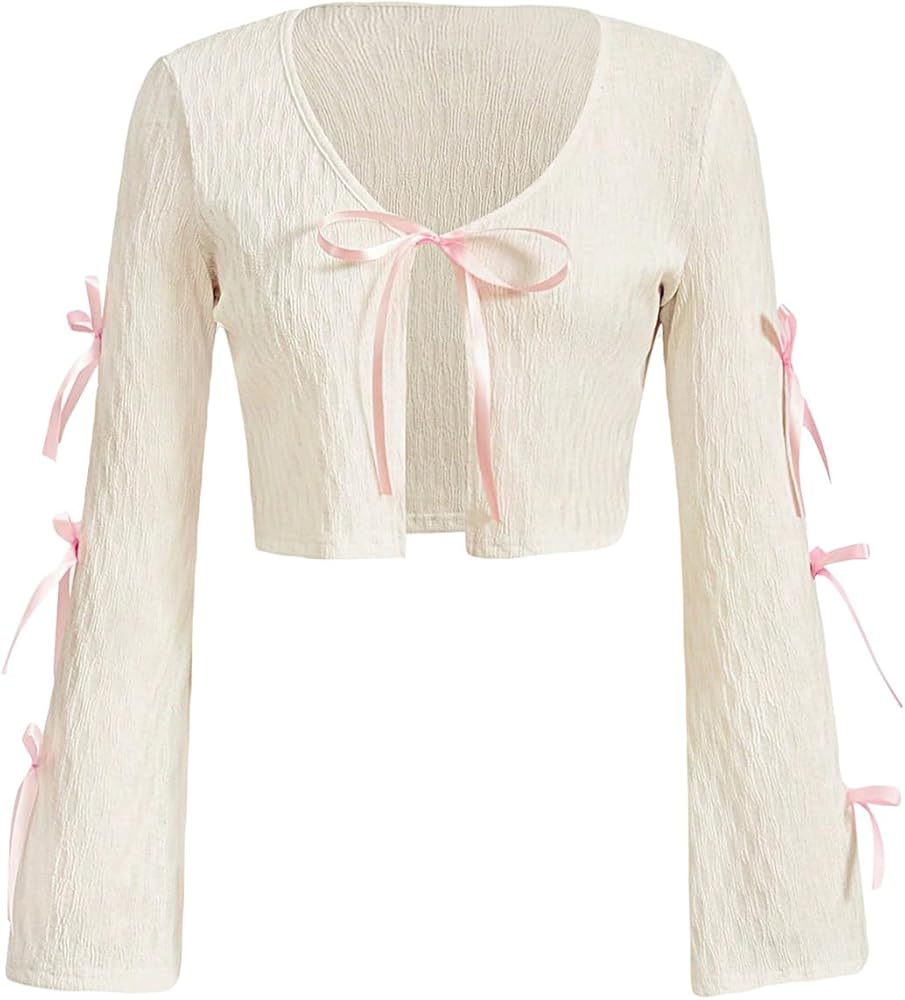 Verdusa Women's Plus Size Open Front V Neck Blouse Tie Knot Bell