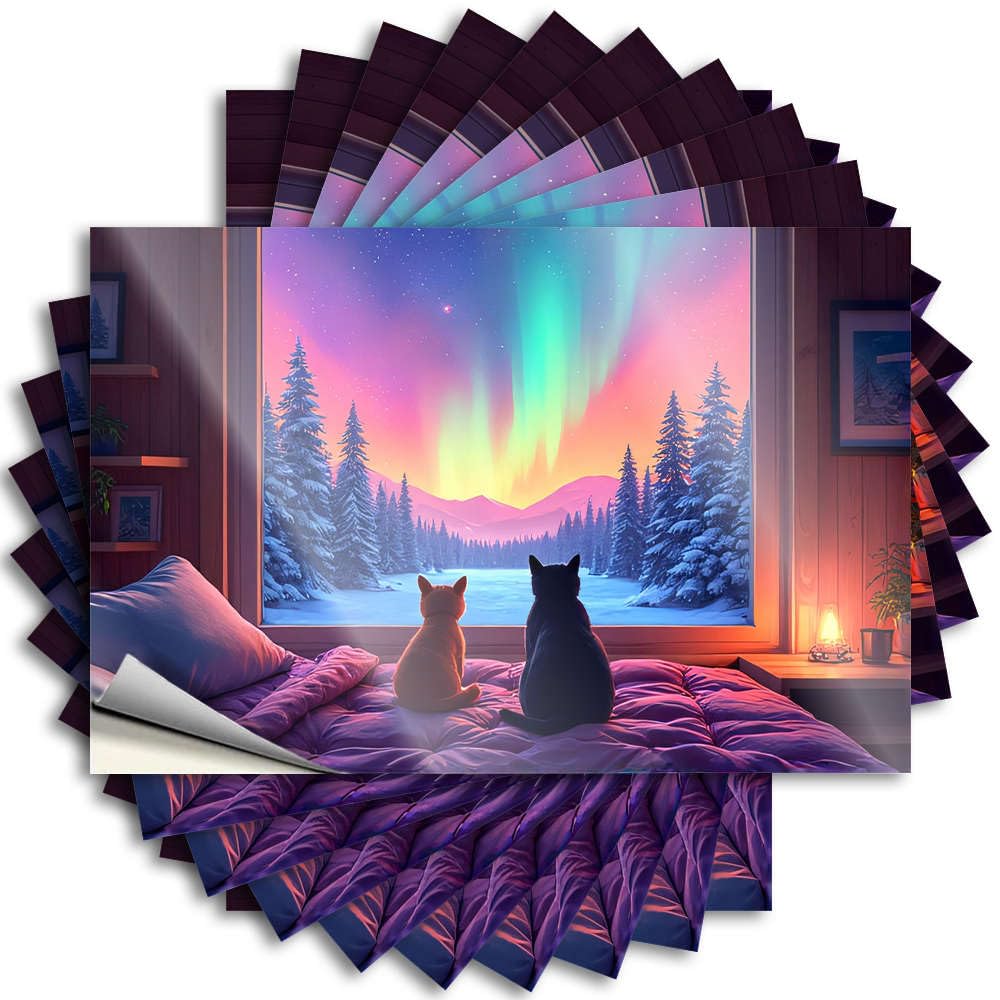 Fzfn Colour Tattoo Girly Home Waterproof - Two Cats Admire The Northern Lights From A Cozy Cabin Window Door Self Adhesive Decal For Alcohol Use(8X12cm)