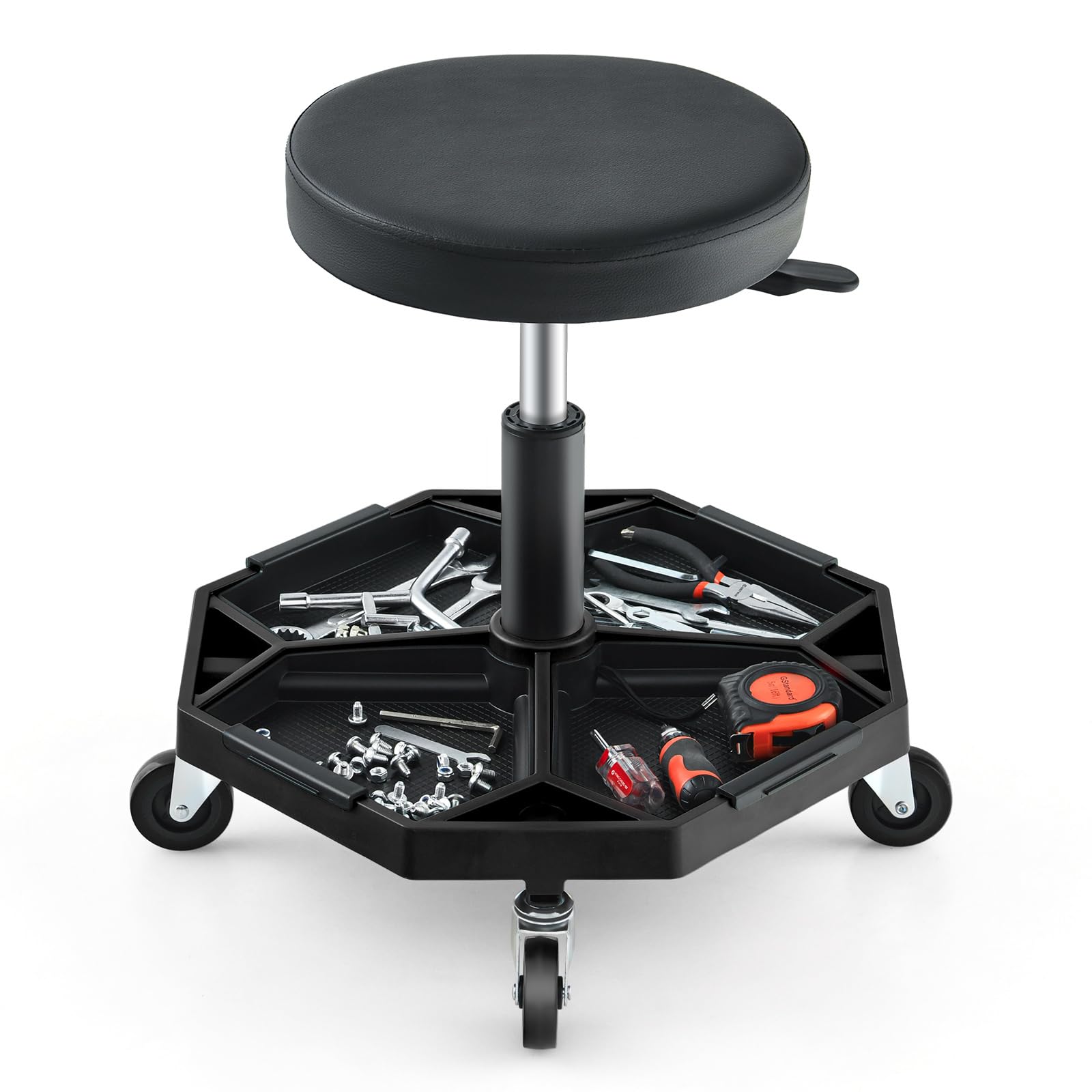 COSTWAY Rolling Mechanic Stool, Height Adjustable Swivel Pneumatic Roller Creeper Seat with Wheels & Tool Tray, 150kg Capacity Garage Workshop Padded Chair (Black)
