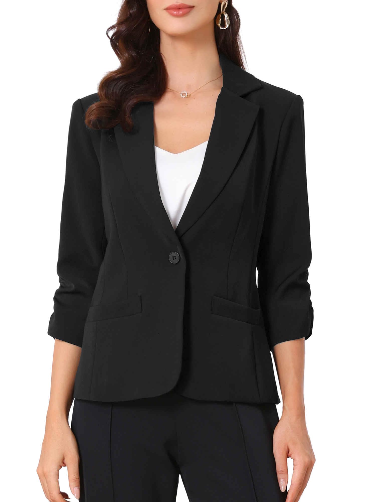 Allegra K Blazers for Women Business Casual 3 4 Ruched Sleeve Notched Lapel Suit Jackets