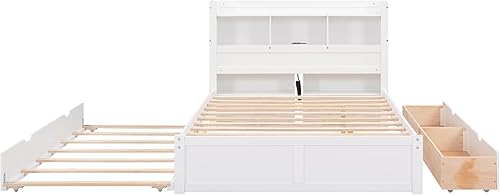 Miniatura 31 de Cama de plataforma de tamaño Queen con cabecero y cajones, marco de cama de plataforma de madera maciza con estantes, puertos USB y enchufes, marco