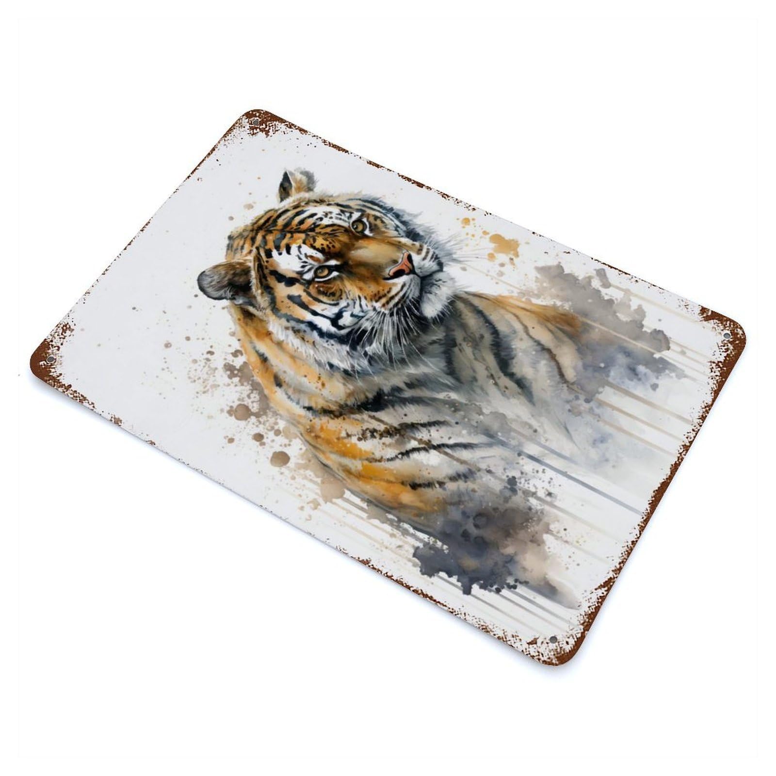 Weathered Tin Sign with Tiger Watercolor Design 11.8"x7.9", for Garage, Bar And Workshop Decor, Decorative Metal Wall Art