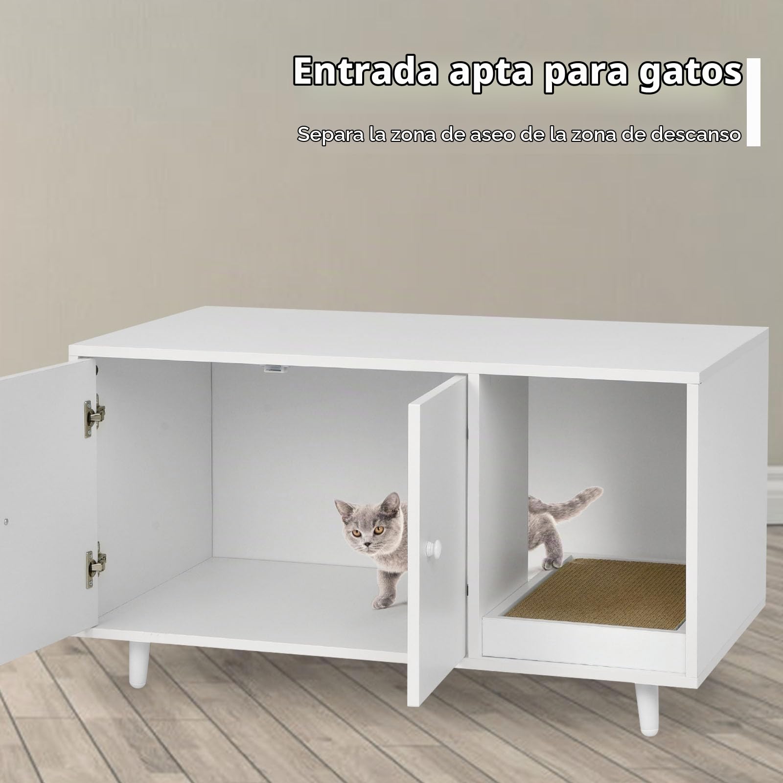 LIFEZEAL 2-1 Casa para Gatos, Mesa de café de 2 Pisos con Armario para Gatos, rascador, Dos Puertas y Patas elevadas, Caja para Gatos, para salón, Dormitorio y balcón (Blanco)