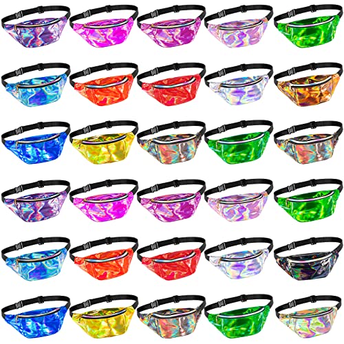 30 Pcs Holographic Fanny Bag Neon 80s Party Waist Pack Reflective Laser Belt Bag Metallic Color Hip Bag with Adjustable Belt for Men Women 80s Rave Festival Concert Outdoor Activities, 17 Colors