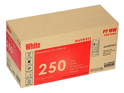 Miniatura 4 de Daxwell kit de cubiertos de peso medio de polipropileno con tenedor, cuchillo, cucharilla, sal y pimienta y servilleta, color blanco (caja de 250)