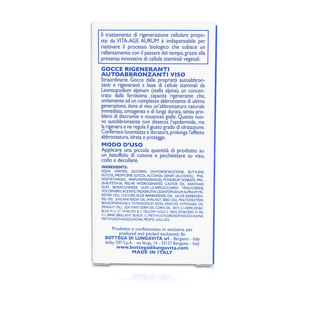 Bottega di LungaVita GOCCE RIGENERANTI AUTOABBRONZANTI VISO VITA-AGE AURUM - Gocce viso autoabbronzanti e rigeneranti a base di cellule staminali vegetali da Stella Alpina per un' abbronzatura naturale immediata come un effetto lampada - Con Cellule stami