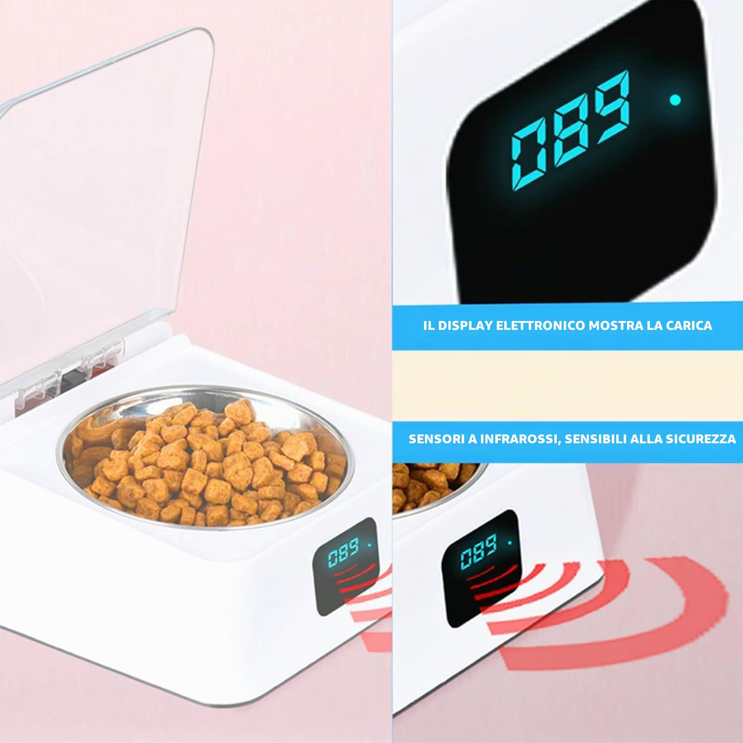 Dispenser Automatico per Cibo di Gatti e Cani – Sensore a Infrarossi Intelligente per Cibo Secco/Umido (350ml) con Ciotola in Acciaio Inossidabile – Pratico Alimentatore per Animali Piccoli/Medi