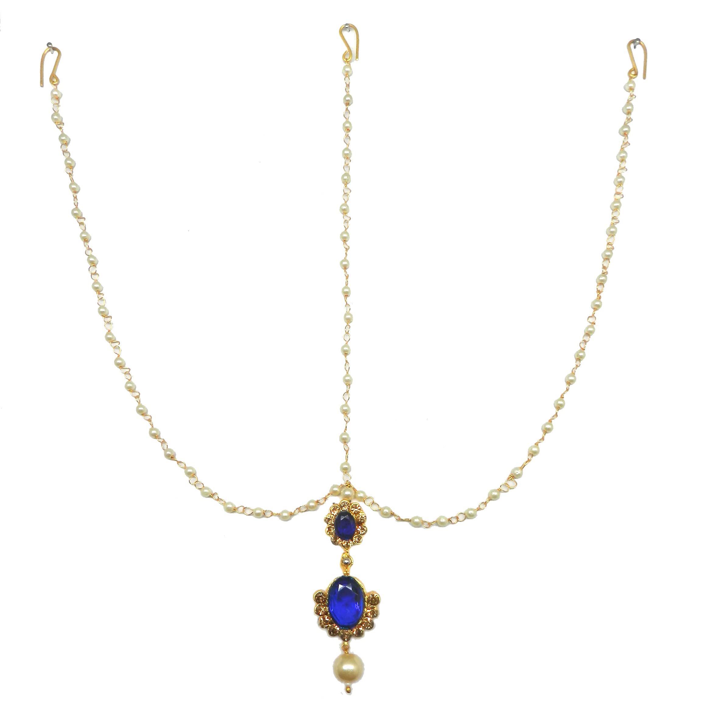 Radhesh Creation and Jewellery Gold Plated Blue Color stone With Golden Crystal Matha Patti Maang Tikka for Women and girls-image-46