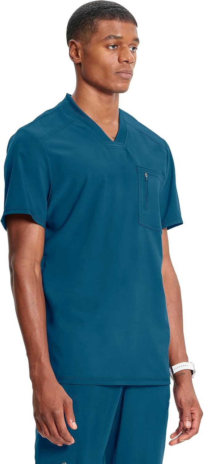 Cherokee Infinity Mens Tuckable V-Neck Scrub Top Modern Fit, 2 Pockets, Zip Chest Pocket, Rib-Knit, 360° Stretch – CK910A