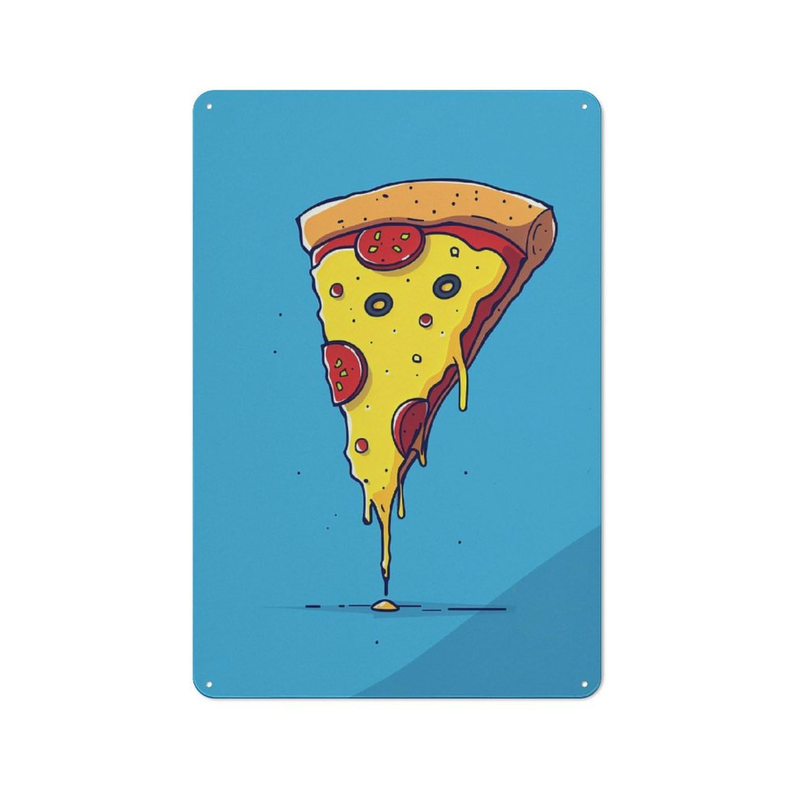 Cartoon Pizza Slice on Blue Background Vintage Metal Wall Decor 30x20cm, Garage Metal Sign for Garage, Workshop, Shed Or Utility Room