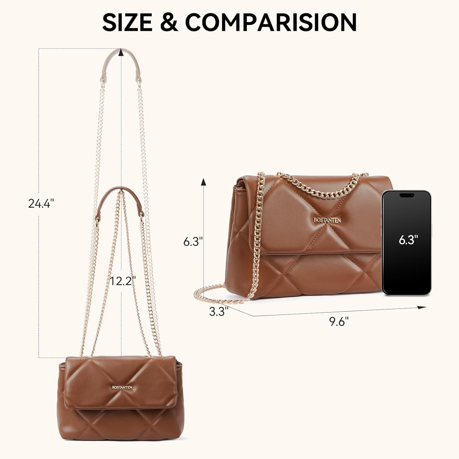 BOSTANTEN Shoulder Bag for Women Small Purse Vegan Leather Quilted Crossbody Bags With Chain Trendy Ladies Handbags - Image 4