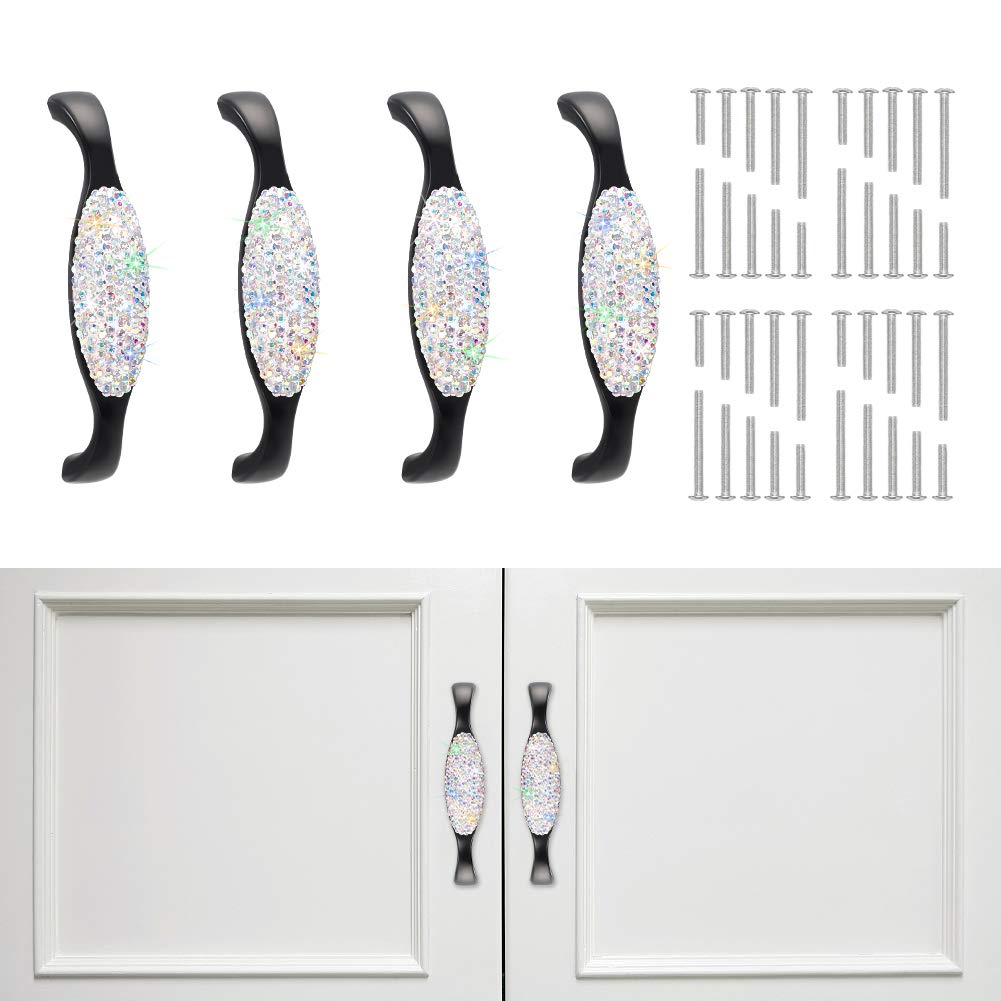 SAVORI Kitchen Drawer Pulls Cabinet Pulls Bling Crystal Dresser Cupboard Closet Wardrobe Door Furniture Handles Modern Handle Pull Hardware for Home Kitchen Bathroom 4 Pack (AB Color)