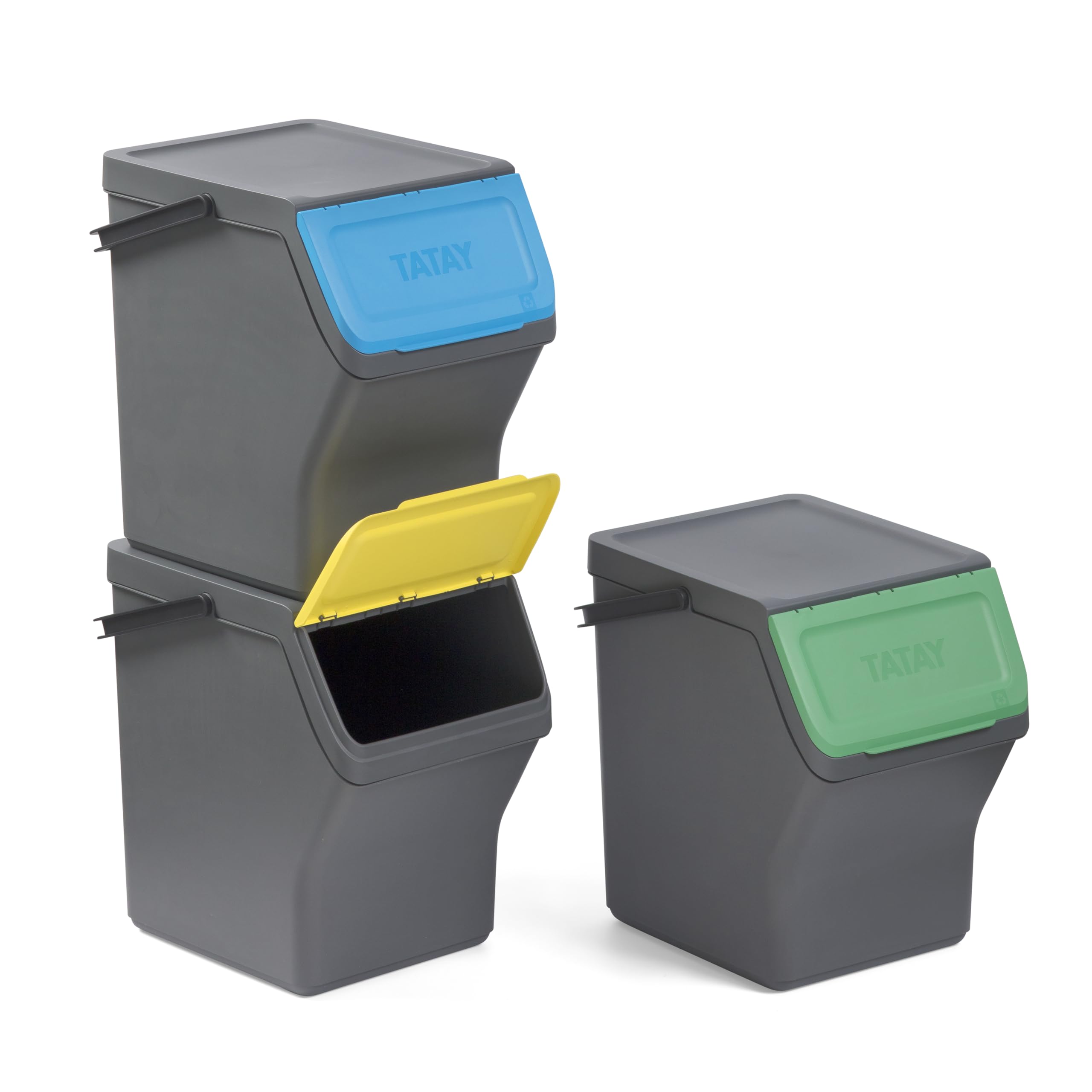 TATAY Mülltrennsystem Easy Waste 3-teiliges Set 3er Set Recycling Behälter | Mülltrennsystem Haushalt | Volumen 20 L | 35x27x36 cm | Modulares Design | Deckel mit Klicksystem | Recyceltem Material, Grau
