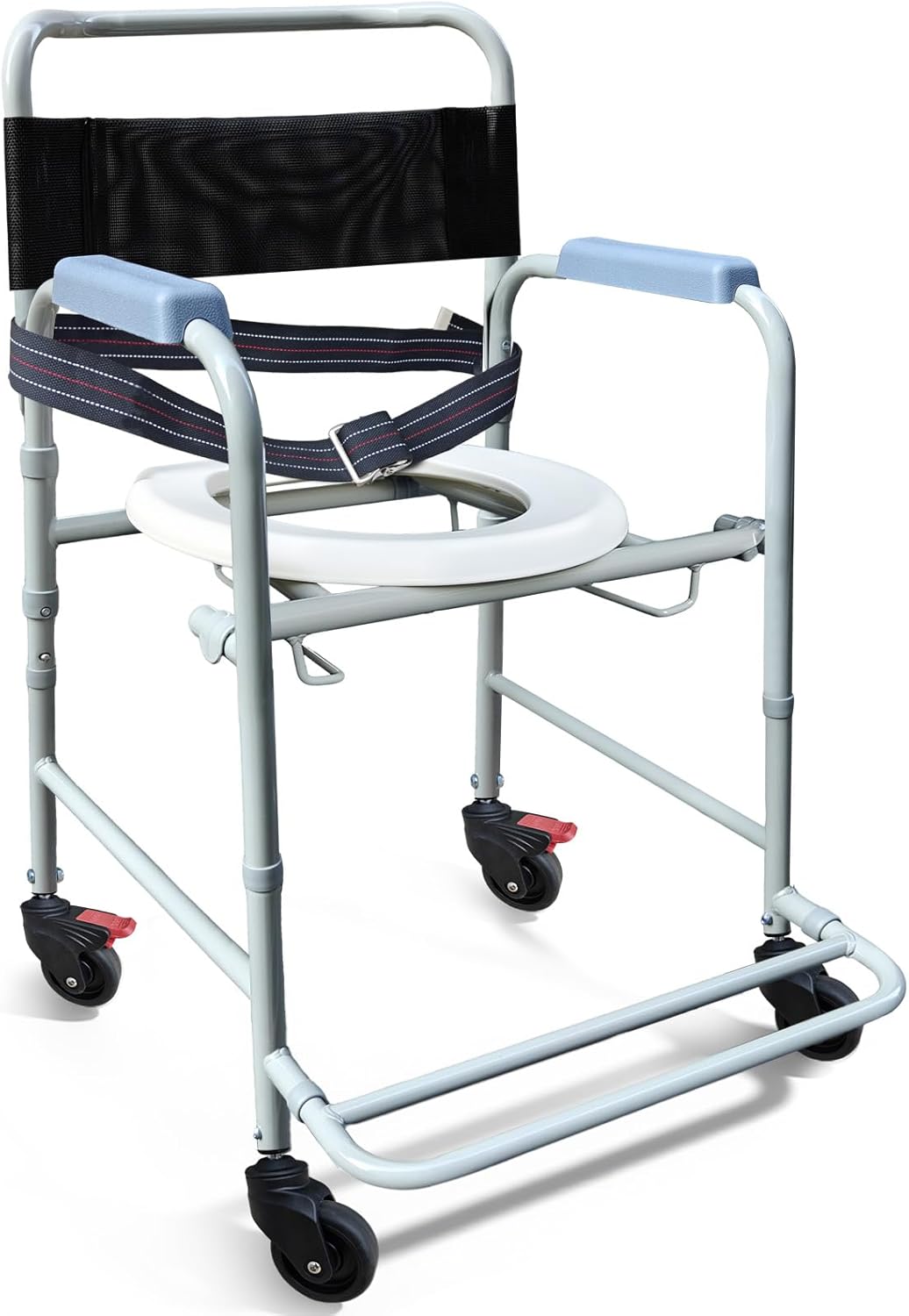 Aliseniors 3-in-1 Rolling Shower Chair with Wheels, Bedside Commode Transport Wheelchair, Waterproof Inside Bathroom & Toilet Chair for Handicap, Elderly, Injured or Disabled, 250 lbs