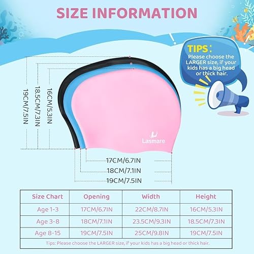 Miniatura 3 de Gorro de natación de pelo largo para niñas y niños, 3 tamaños de silicona para niños de 1 a 15 años, sombreros de natación impermeables con tapones