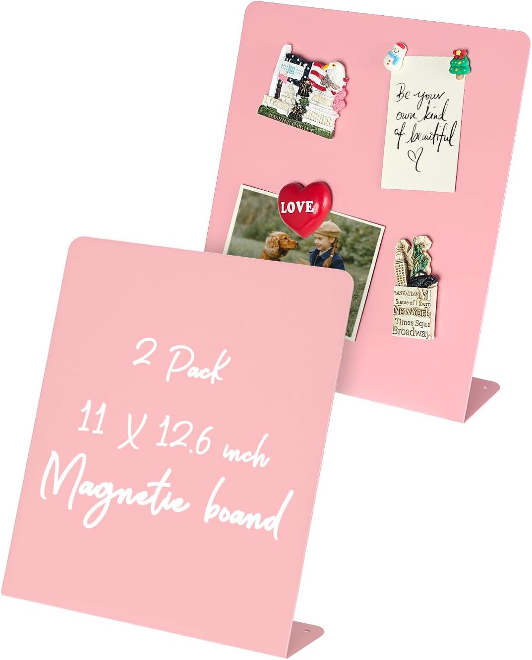 2 Pack Magnet Board, 11 x 12.6 x 2.4 in, Pink Standing Magnetic Bulletin Board, Magnetic Display for Memos, Photos & Documents, Bulletin Board for Home Office School Kitchen