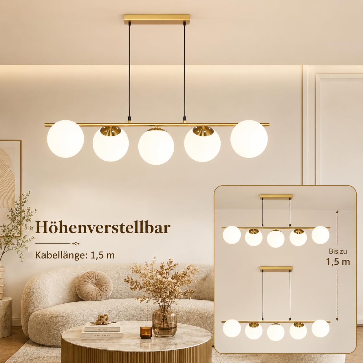 ZMH Pendelleuchte Esstisch Hängelampe Glas Esszimmerlampe Gold 5 Flammig