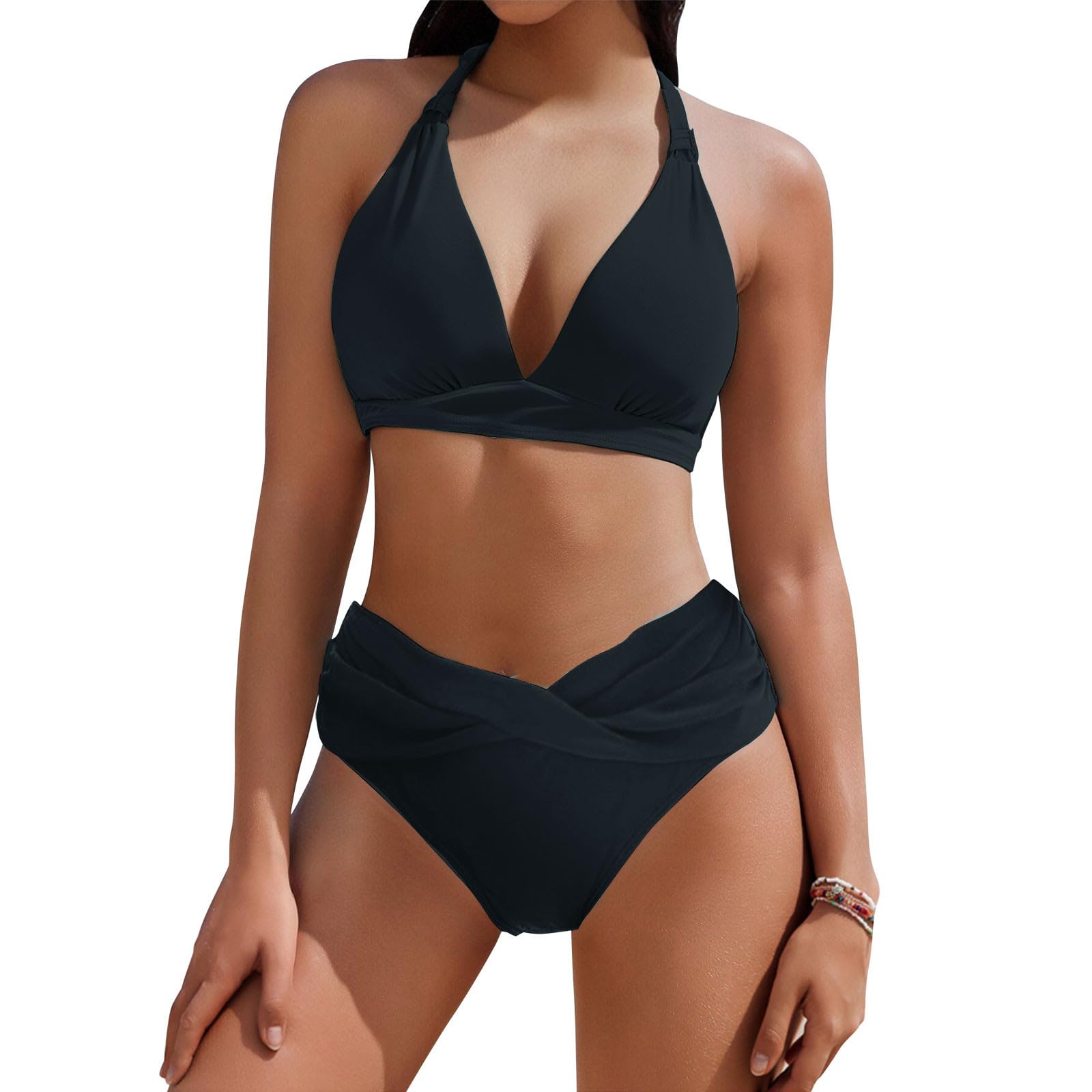 High Waisted Bikini Sets for Women Two Piece Tummy Control Swimsuits Halter Twist Front Bathing Suit Swimwear 2025