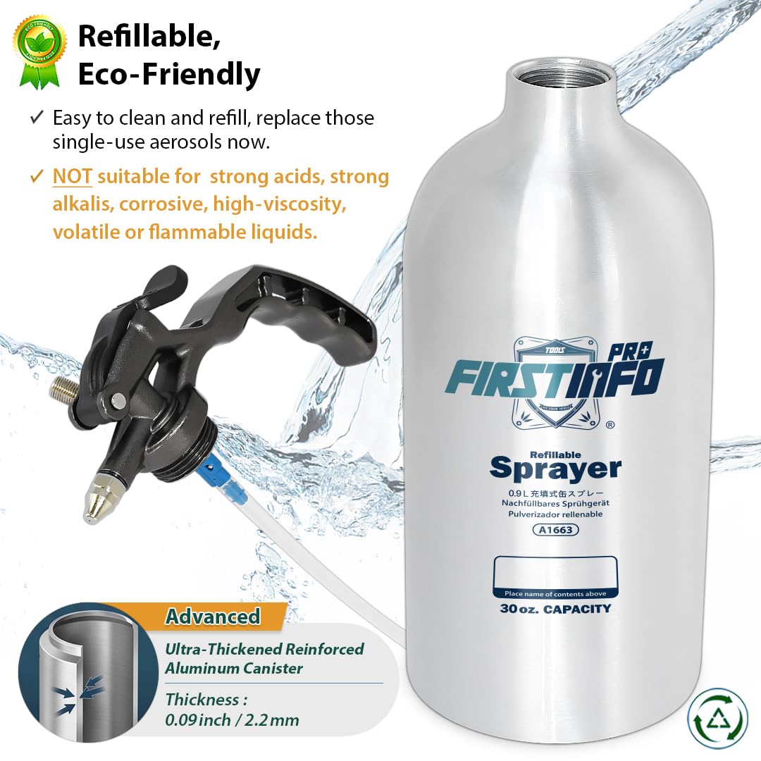 FIRSTINFO Pulverizador Recargable para Limpiador de Frenos 900 ml, Botella de Aluminio Sin Aerosol para Disolventes y Desengrasantes, Pulverizador Presurizado con Boquilla Niebla y Chorro Largo, A1663