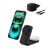 Belkin UltraCharge Caricatore iPhone Qi2, Stazione di Ricarica Wireless 2 in 1 25W, Caricatore Wireless Compatibile con MagSafe per iPhone, AirPods, Pixelsnap con Porta USB-C e Adattatore 45W, Nero