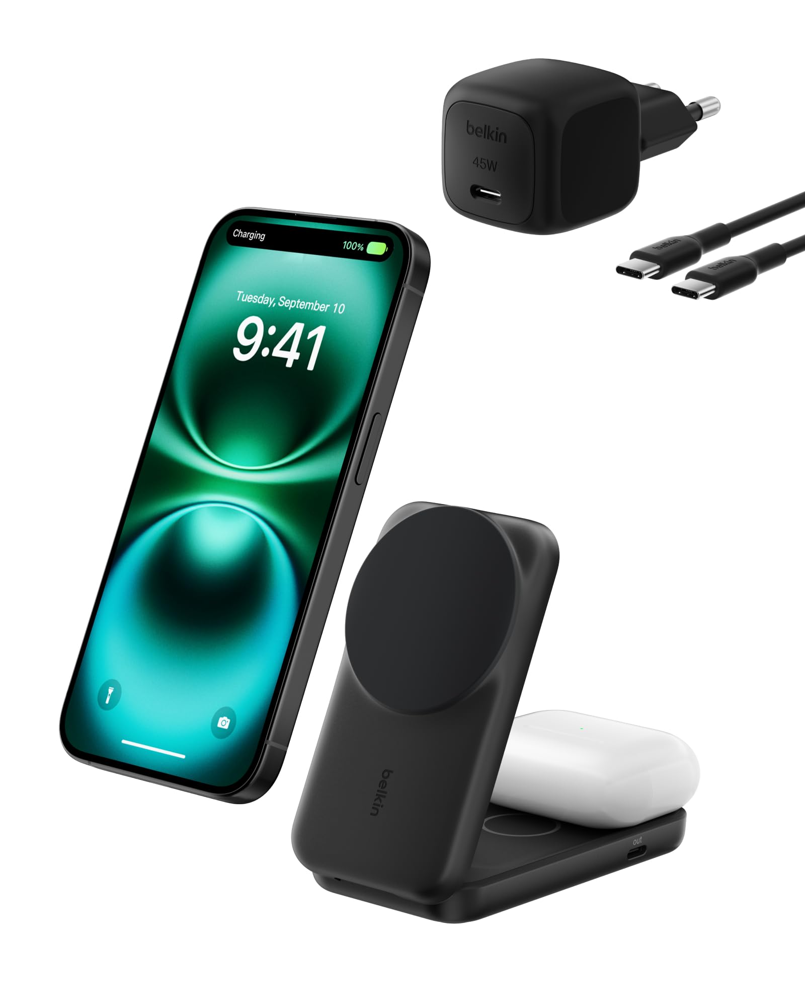 ultracharge qi2 charger per iphone con usb-c port black