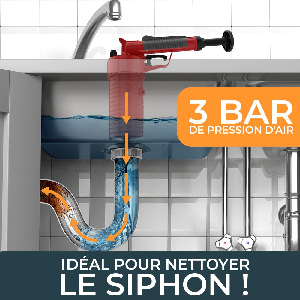 Pistolet deboucheur canalisation [3 bar] - Déboucheur à pompe pour nettoyer rapidement et efficacement les tuyaux - Deboucheur air comprime idéal pour la cuisine, la salle de bain et les toilettes !