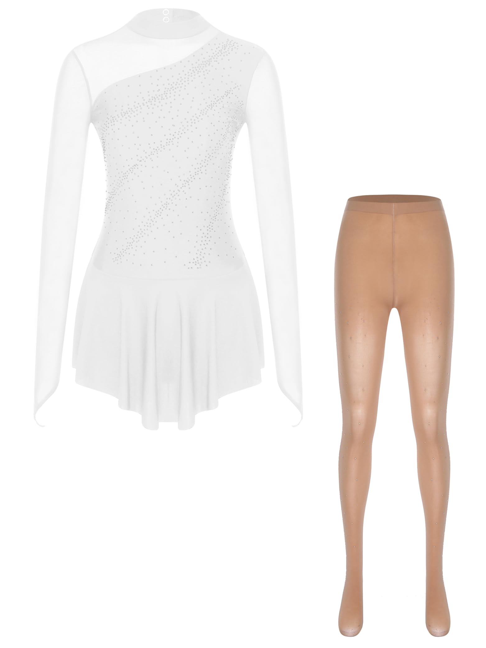 Vestido de baile para mujer, patinaje, manga larga, pedrería, con medias de patinaje artístico, conjunto, entrenamiento competitivo