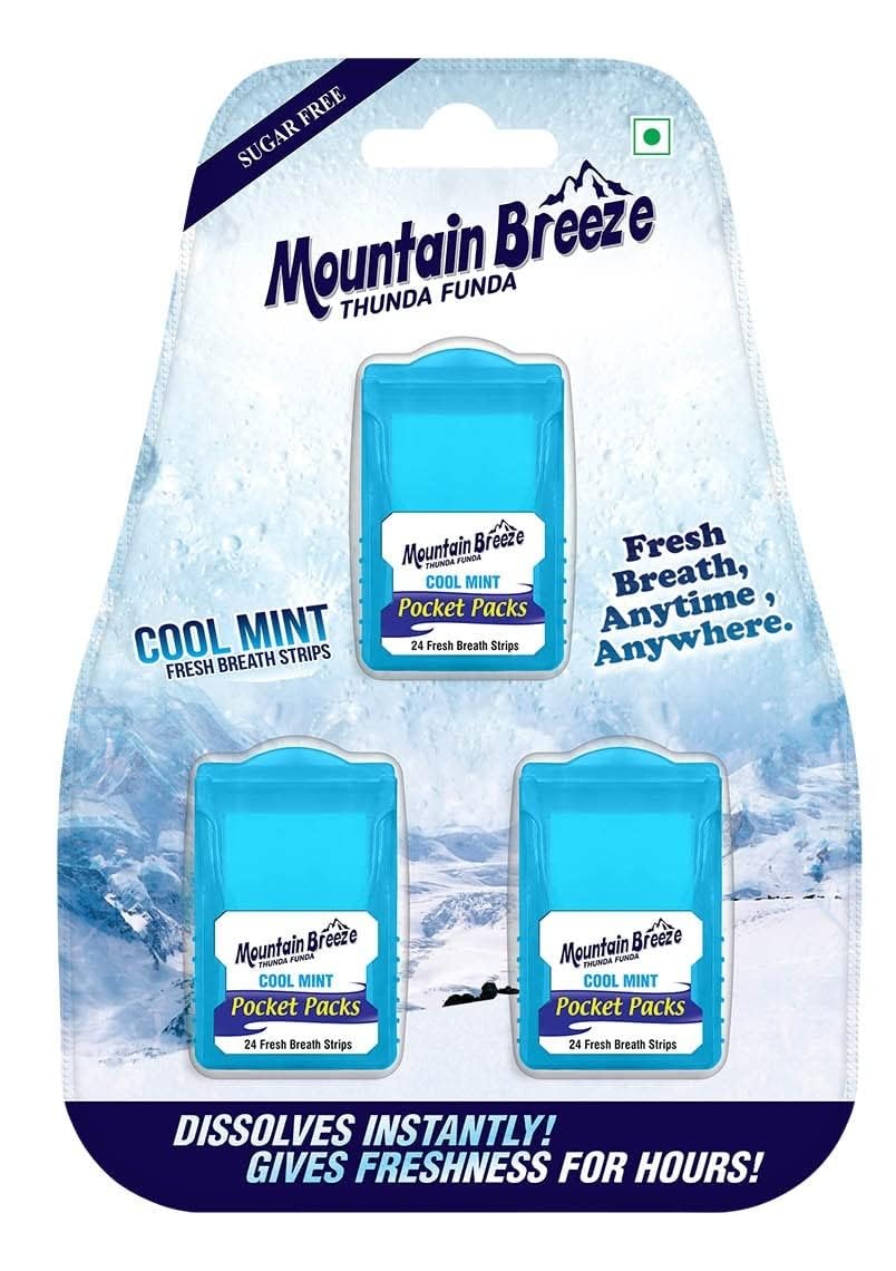 Mountain Breeze Odświeżacz do ust do higieny jamy ustnej bez cukru Cool Mint Breath Strips (24 paski każda kaseta), 1 opakowanie (3 kasety)