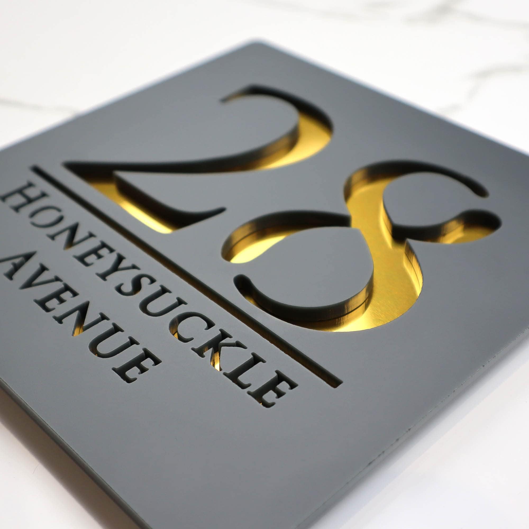 K Smart Sign | Bellisima S1 F32 | Matt Dark Gray Personalized Door Number Yard Garden Porch Signs 3d Perspex Mirror Marble Mirror House Gate Sign Laser Cut 3D Modern Plaque Street plaques Anthracite RAL7016 | 7" x 7" (Matt Dark Gray & Gold Mirror)