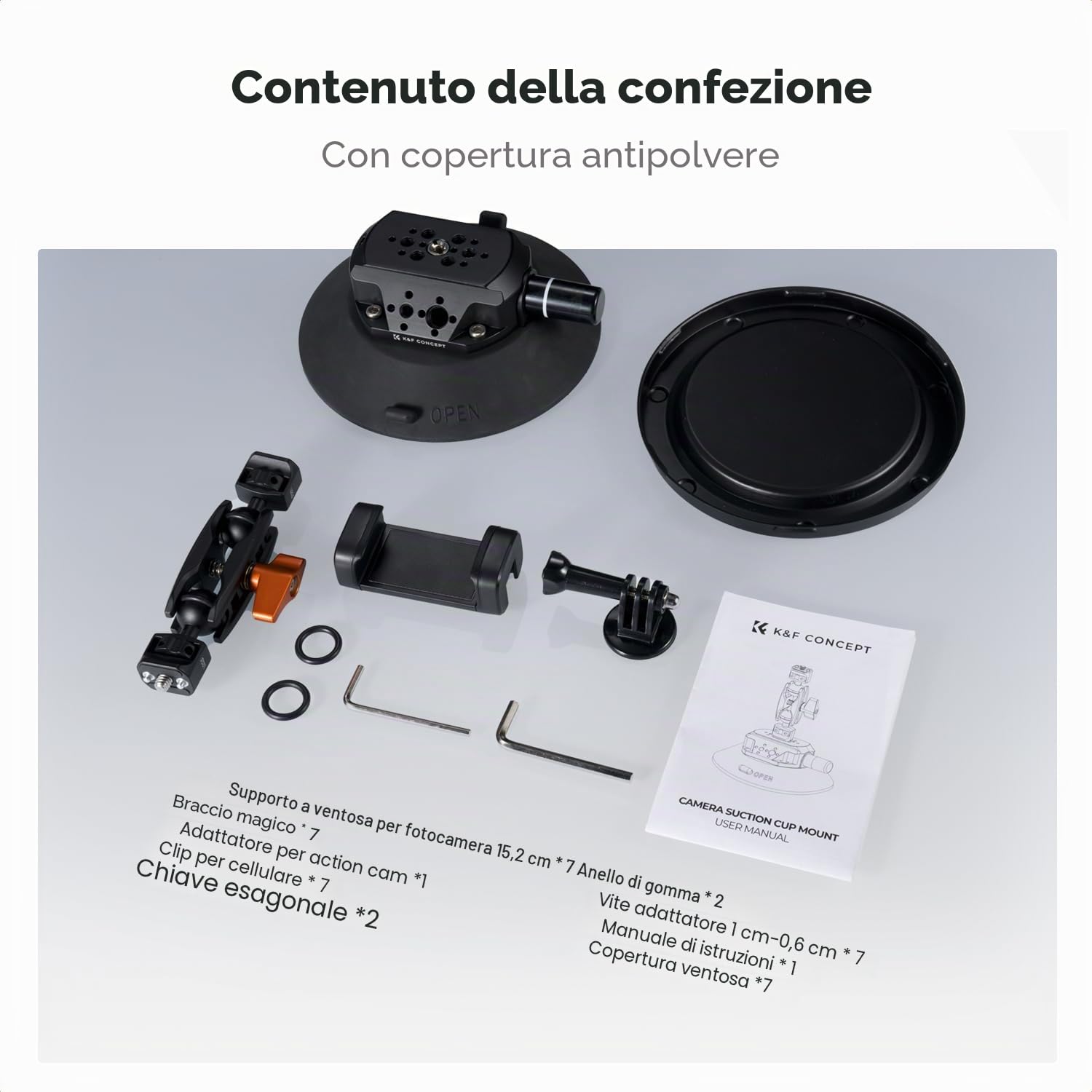 K&F CONCEPT Ventosa 6" con Braccio Magico Doppia Sfera - MS46 | Supporto fotocamera auto con supporto telefono e adattatore GoPro, attacchi 1/4" e 3/8" per parabrezza e superfici lisce