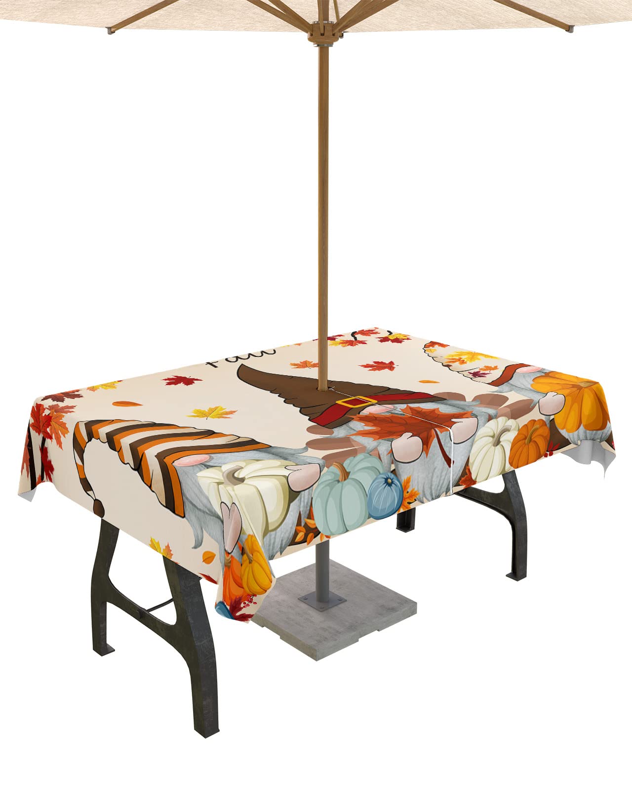 Thanksgiving Outdoor Tablecloths with Umbrella Hole and Zipper, Fall Pumpkin Maple Leaf Gnomes Burlap Waterproof/Stain Resistant Rectangle Table Cloth 54x80 Patio Table Cover for Picnic/Party