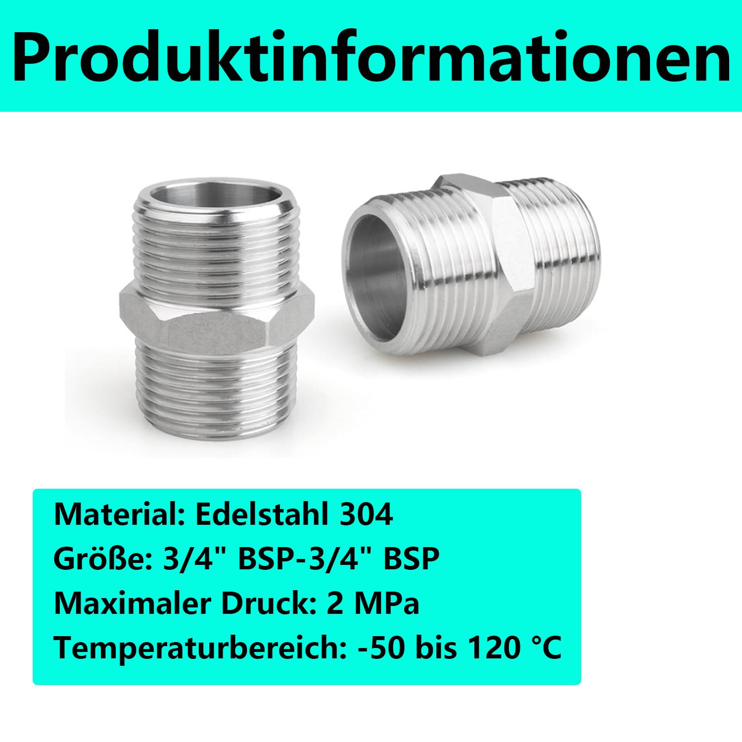 2x Doppelnippel 3/4 Zoll Aus Edelstahl – Sechskant, Für Duschschlauch Und Wasseranschluss, Rostfrei
