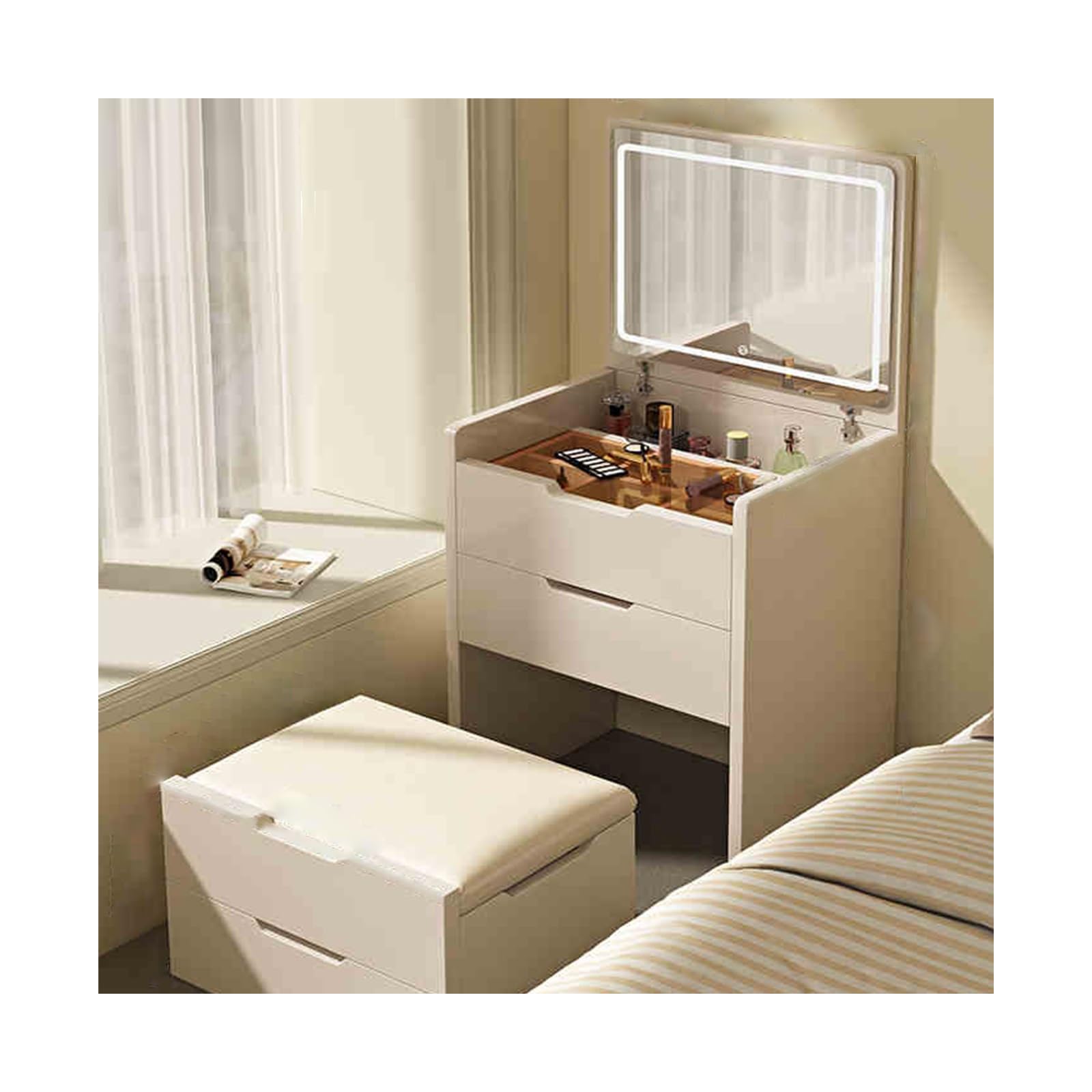 BKSXSOP Vanity Table with Mirror, Small Makeup Desk Stool, Adjustable Height 45CM, Ideal for Bedroom and Bathroom, Khaki Finish, Stylish Dressing Station.