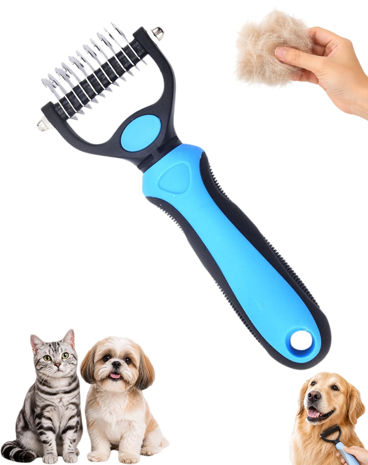 Pet Pro Grooming Tool, Pet Pro Grooming Tool for Dogs, 2-in-1 Undercoat Rake and Deshedding Brush for Dogs and Cats, Dematting Comb for Small Large Pets, Loose Hair, Tangles (Small Blue)