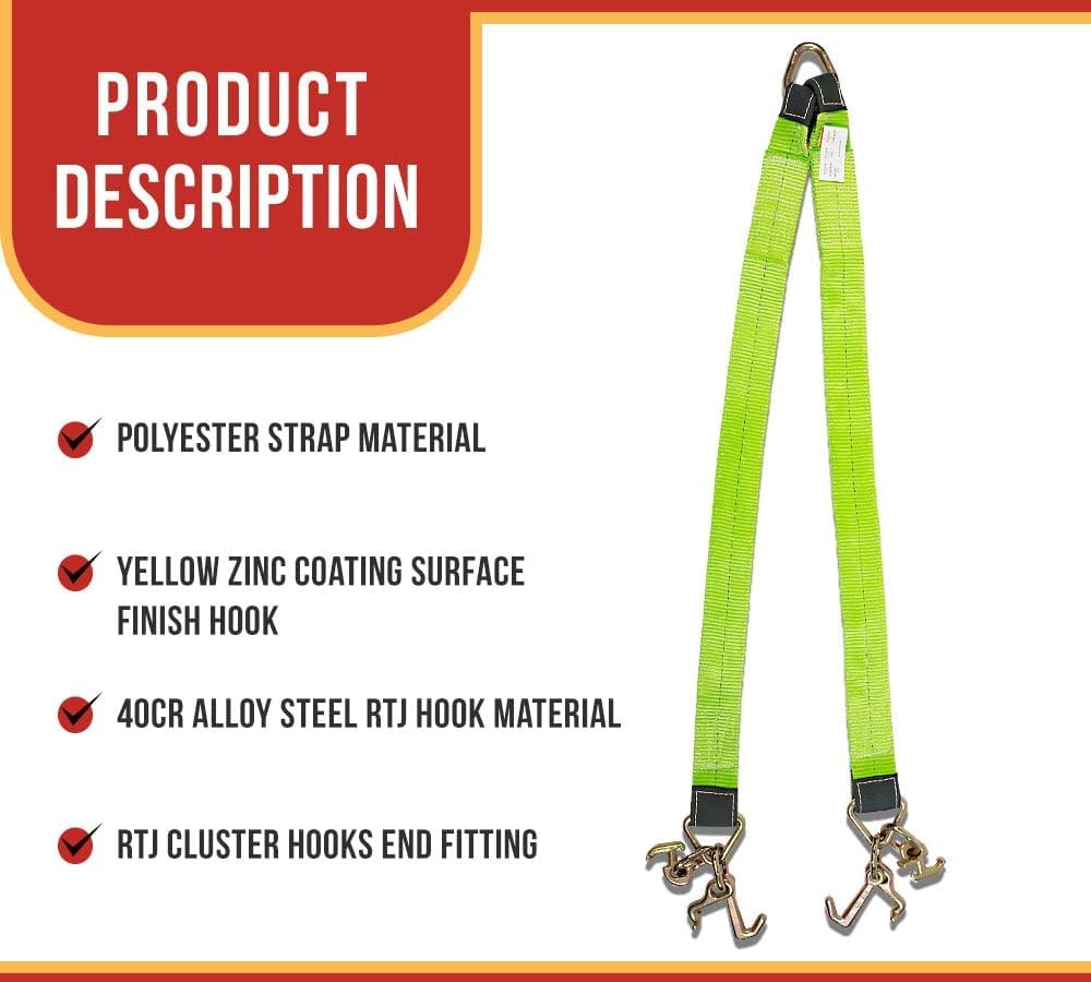 Mytee Products (2 Pack) Tow Straps V Bridle 3" x 48" w/RTJ Clusters, Hi VIZ/HI Abrasion Green Webbing, 5400 lbs WLL | Recovery V Strap w/Reinforced Webbing for Towing, Wrecker, Rollback, Car Hauler