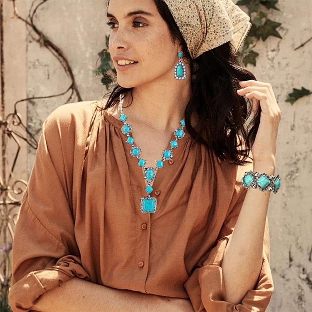 Bohemian Turquoise Necklace Set - Women's Western Jewelry with Long Choker, Pendant, Dangle Earrings, Layered Bracelets - Image 3