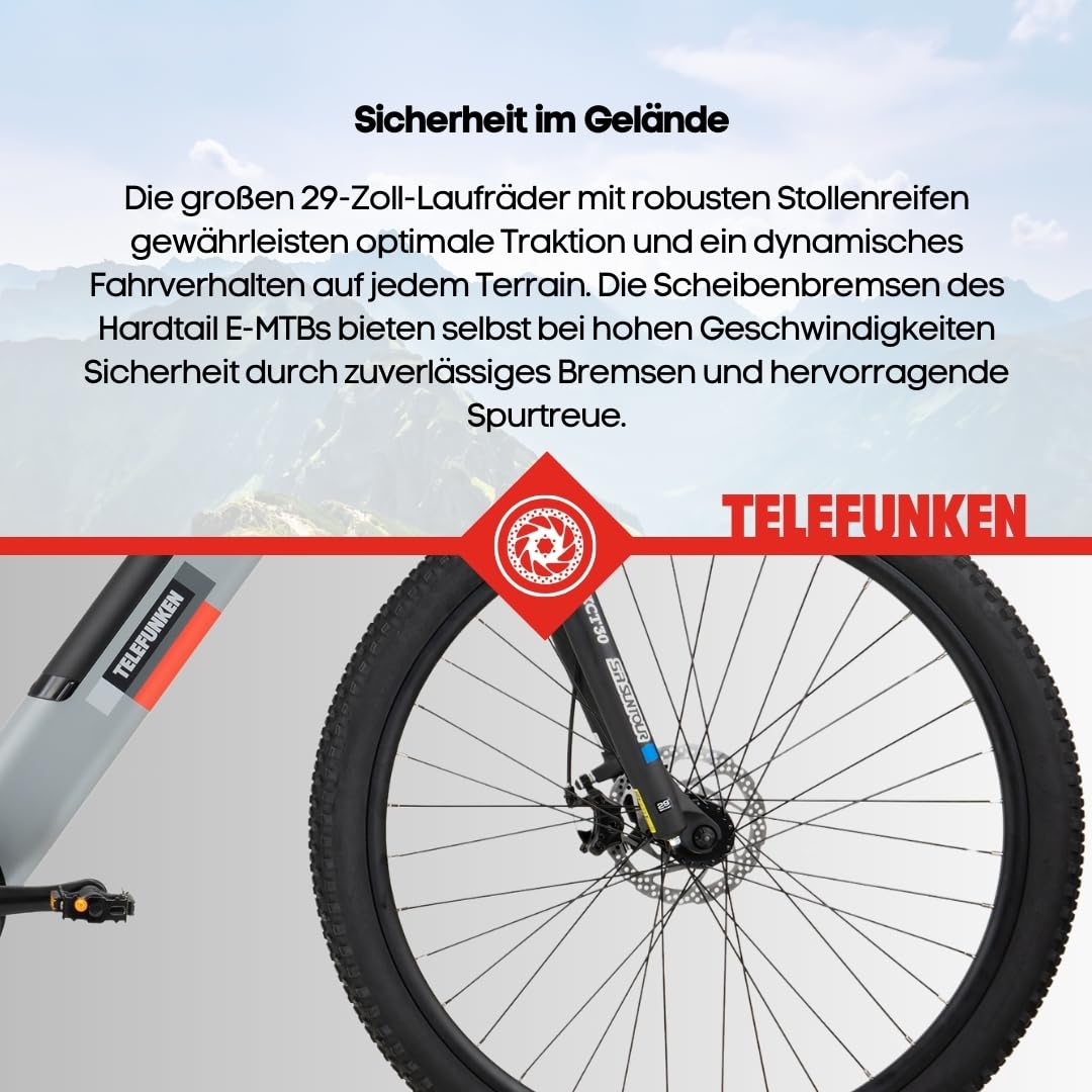 TELEFUNKEN E-Bike Mountainbike 29 Zoll für Herren und Damen | Elektrofahrrad mit 250W Hinterradmotor & 468 Wh Akku | 7-Gang Kettenschaltung | Scheibenbremsen | MTB Hardtail Pedelec