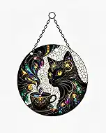 Stained Acrylic Suncatcher Window Hanging : Black Cat and Magic Teacup Round Celestial for Home Wall Decor - Gift for Friends and Family