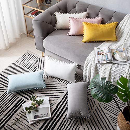 Dezene Throw Pillow Cases 12X20 Light-Blue: 2 Pack Cozy Soft Pom-Poms Velvet Rectangular Decorative Pillow Covers For Farmhouse Home Decor #TOP6