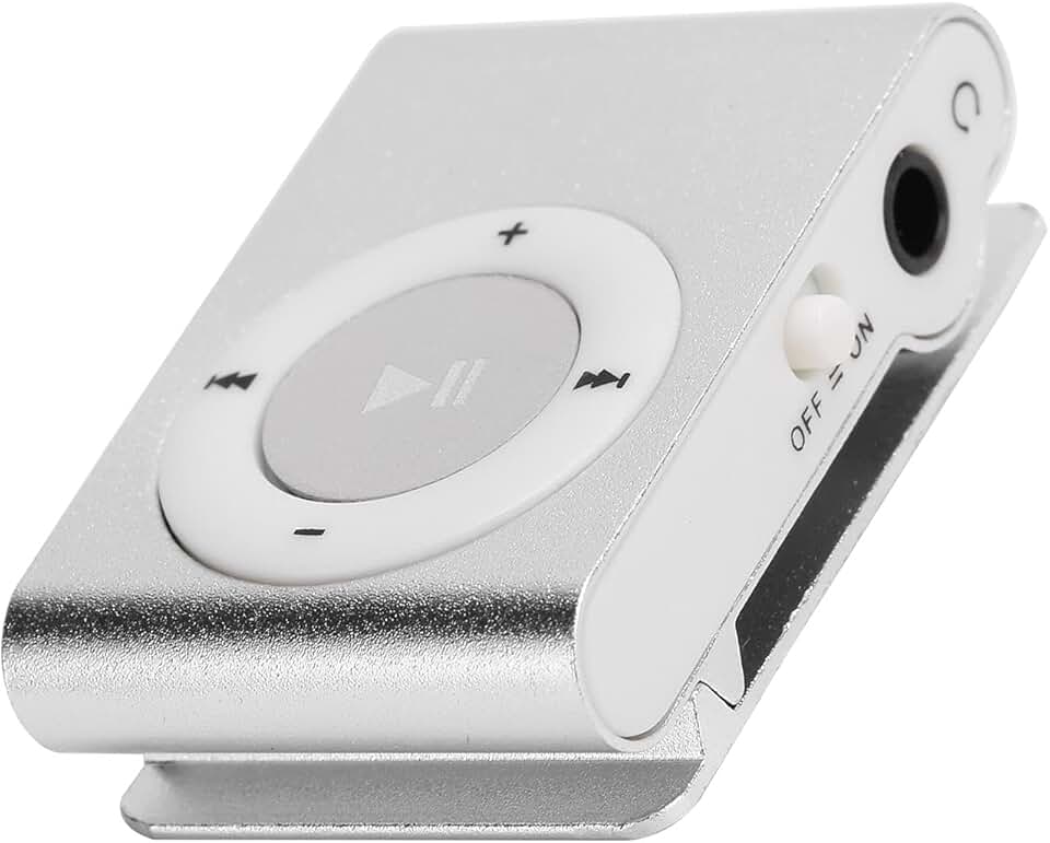 Mini MP3 Player, Portable Digital Music Media Player, Mini MP3 with Back Clip, Player Com Fone de Ouvido e Cabo USB, até 5H Play Time, Support Memory Card (Prata)