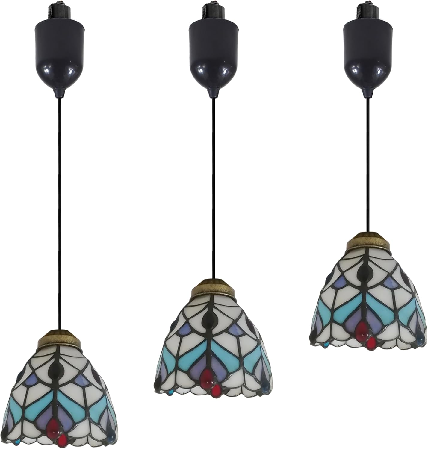 Mini Adjustable Cord Length Halo Track Lighting Pendants, 4 Ft Cord, H-Type Track Peacock Feather Stained Art Glass, E26 Socket Track Mount for Kitchen Island Sloped Vaulted Ceiling