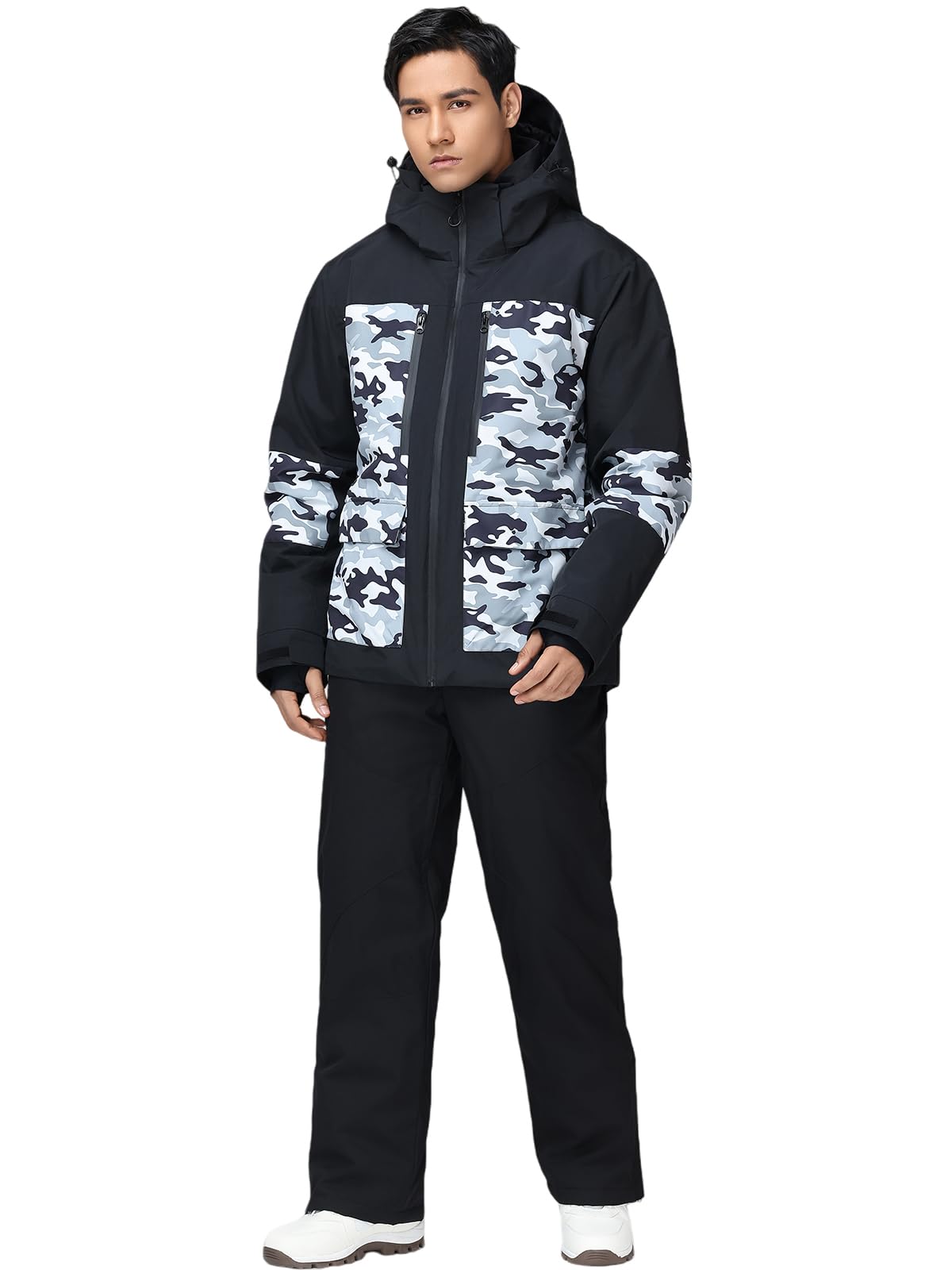 HOTIAN Conjunto de chaqueta y pantalones de esquí para hombre, transpirable, traje de esquí impermeable, resistente al viento, traje de nieve con capucha desmontable