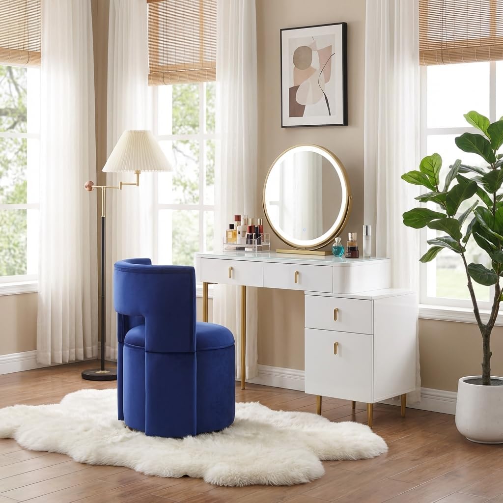 Vanity Chair with Storage, Velvet Button Tufed Upholstered Vanity Chair with Gold Metal Swivel Base, Hollow Back (Blue)