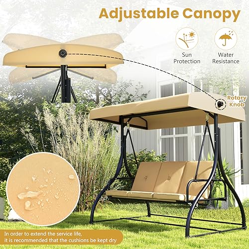 Image of HAPPYGRILL 3 Seat Outdoor Porch Swing, 2-in-1 Swing Glider with Adjustable Canopy, Removable Cushions, Foot Pad, Curved handrails, Outdoor Swing for Patio Yard Garden Balcony Backyard