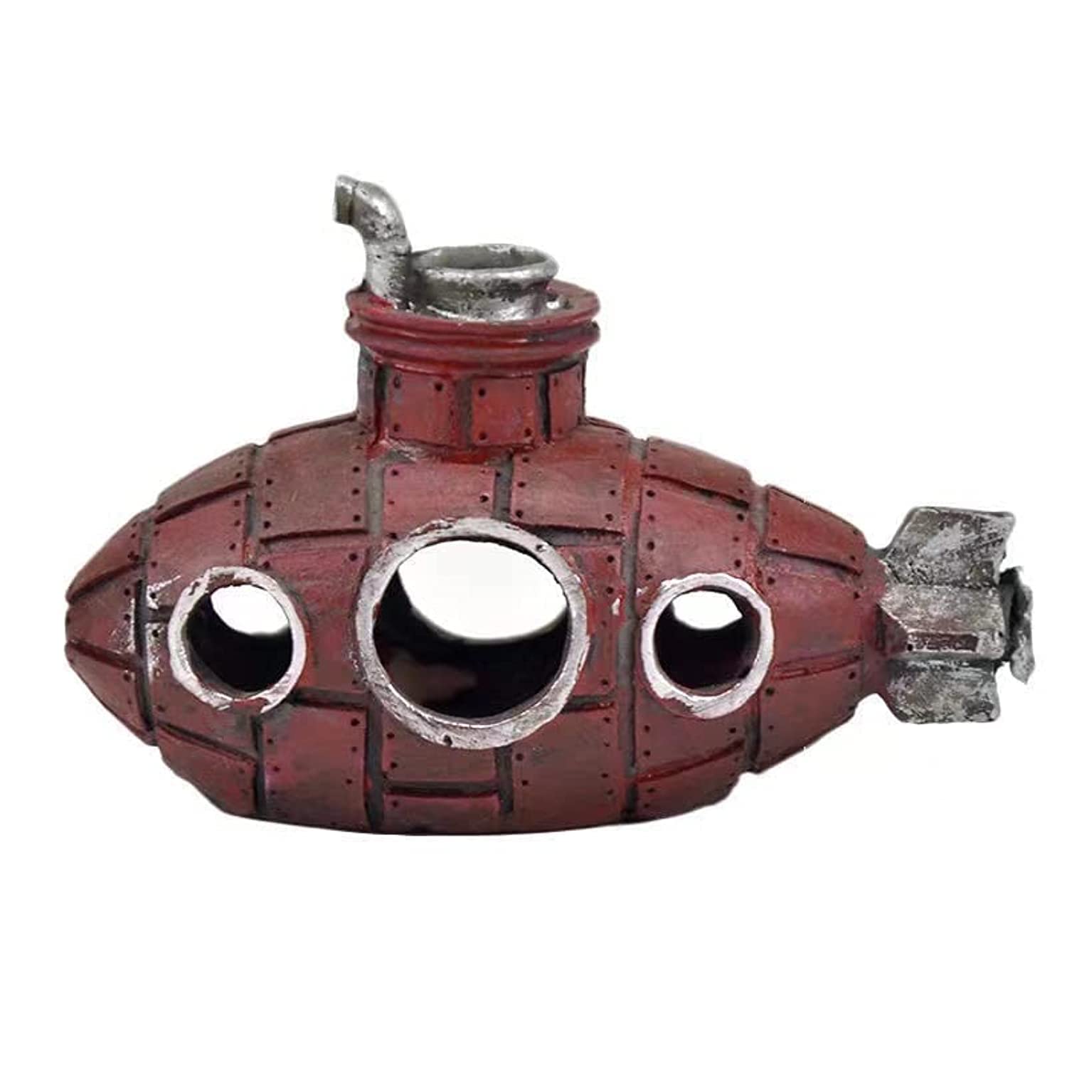 ANTOLE Submarine Style Aquarium Decoration Fish Tank Ornament Landscape Hiding Cave with Air Stone (Red)