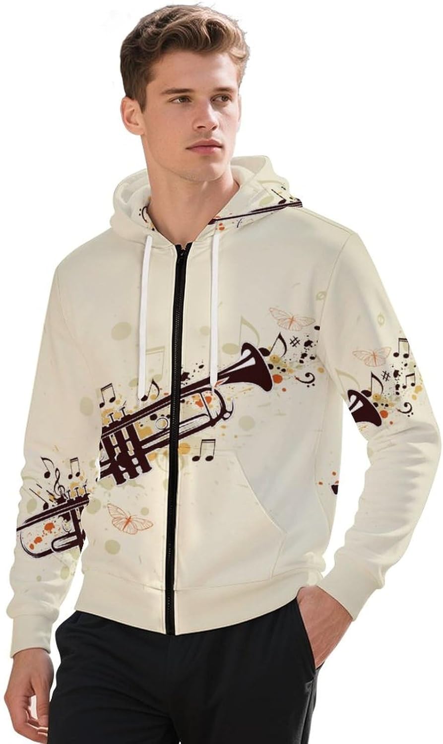 Trumpet And Notes Men's Hoodie Full-zip Hooded Sweatshirt Zip-up Pockets Jackets